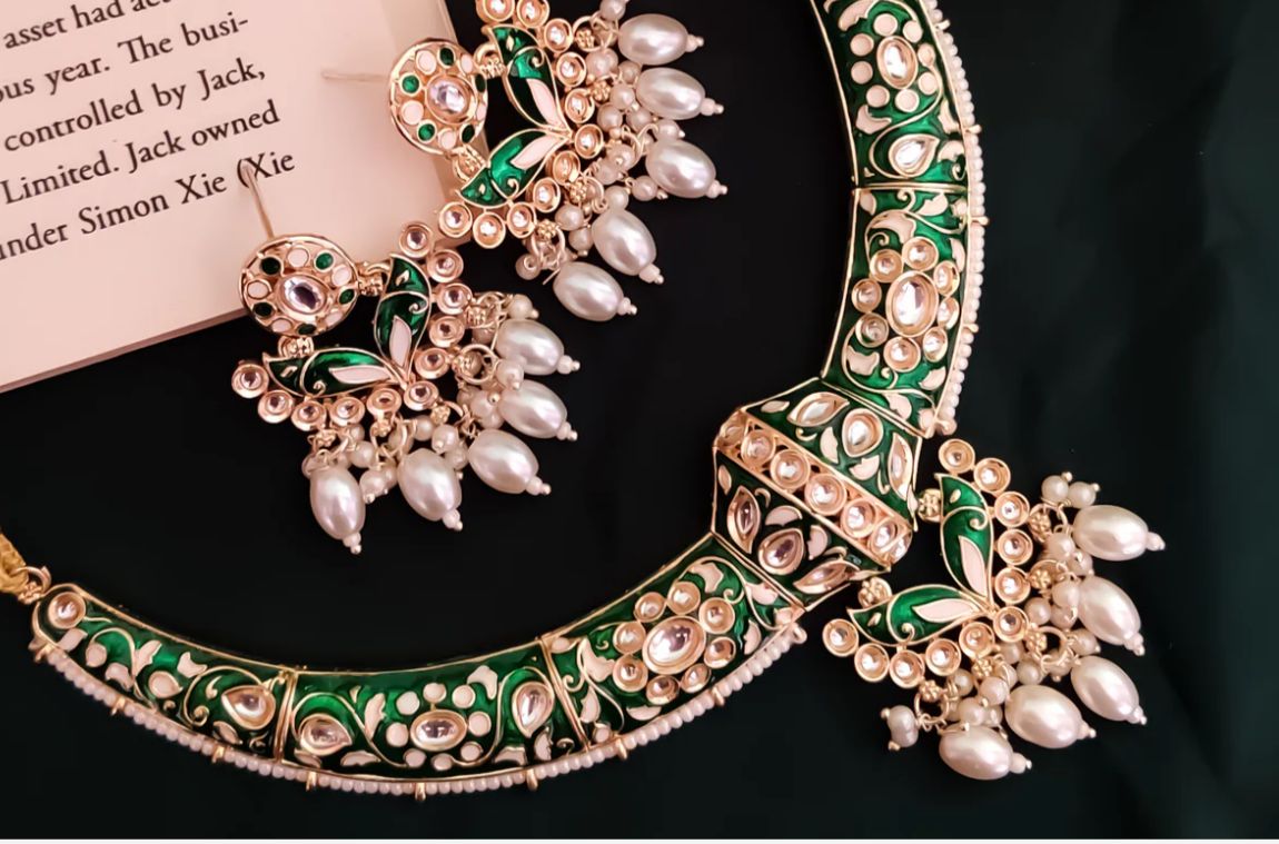 Rajnoor Meenakari Set – Timeless Royal Beauty in Green & Pearl