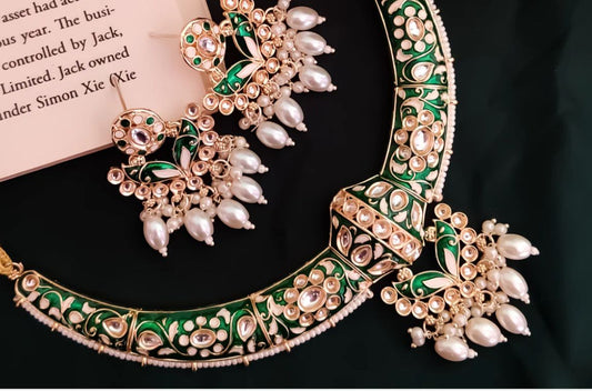 Rajnoor Meenakari Set – Timeless Royal Beauty in Green & Pearl