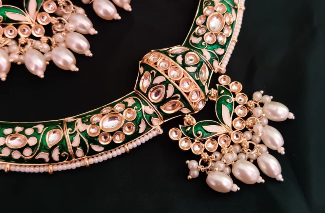 Rajnoor Meenakari Set – Timeless Royal Beauty in Green & Pearl